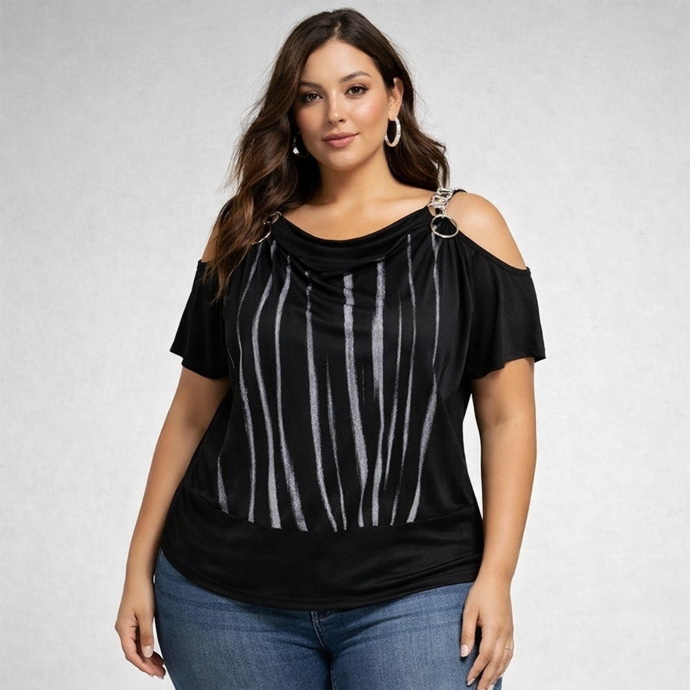 Cold Shoulder Tunic Black/Silver Stripe Chain Plus 1X Moto, Y2K, Streetwear